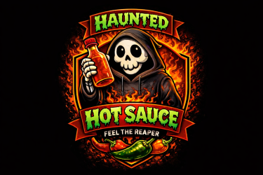 Grim Reaper holding a bottle of Haunted Hot Sauce above flaming peppers